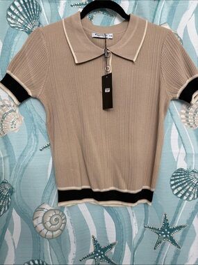 Ribbed Polo Knit Top in Beige with Black Trim
